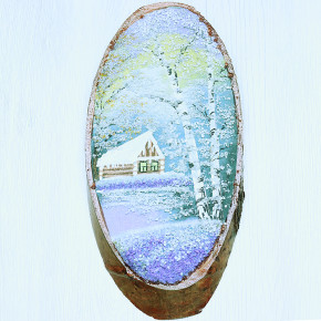 14160306 - Картина на спиле дерева домик в зимнем лесу 30 см.